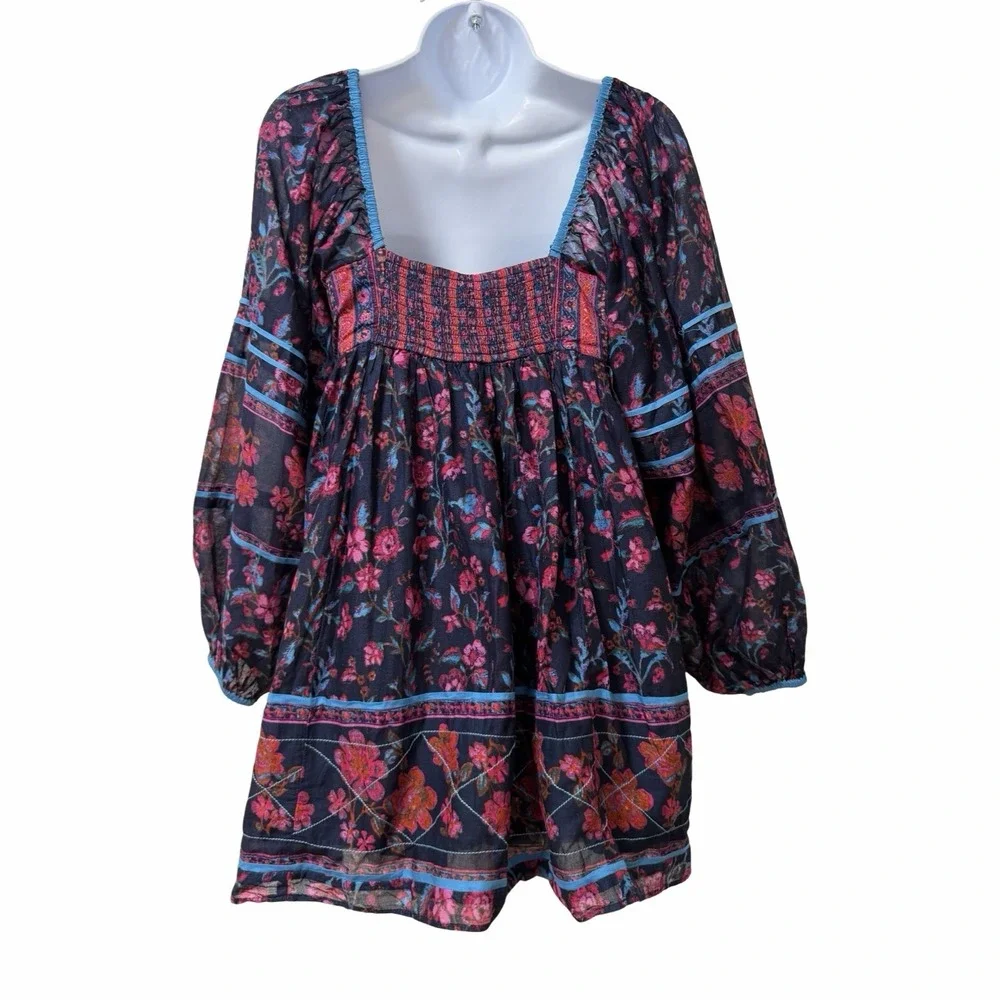 Free People Endless Afternoon Dark Floral Mini Dress Size XS Navy Smocked Boho